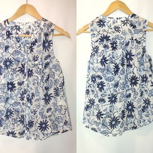 Joie Sleeveless Sheer Blouse Top Button Front Blue White Floral Cotton Silk Xs